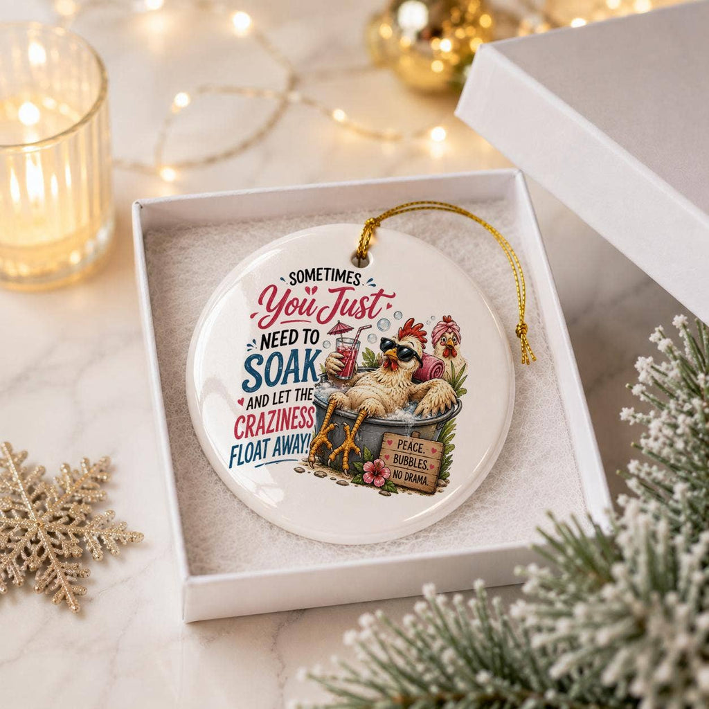 Cozy Tub Soaking Chicken Ceramic Ornament for Holiday Humor