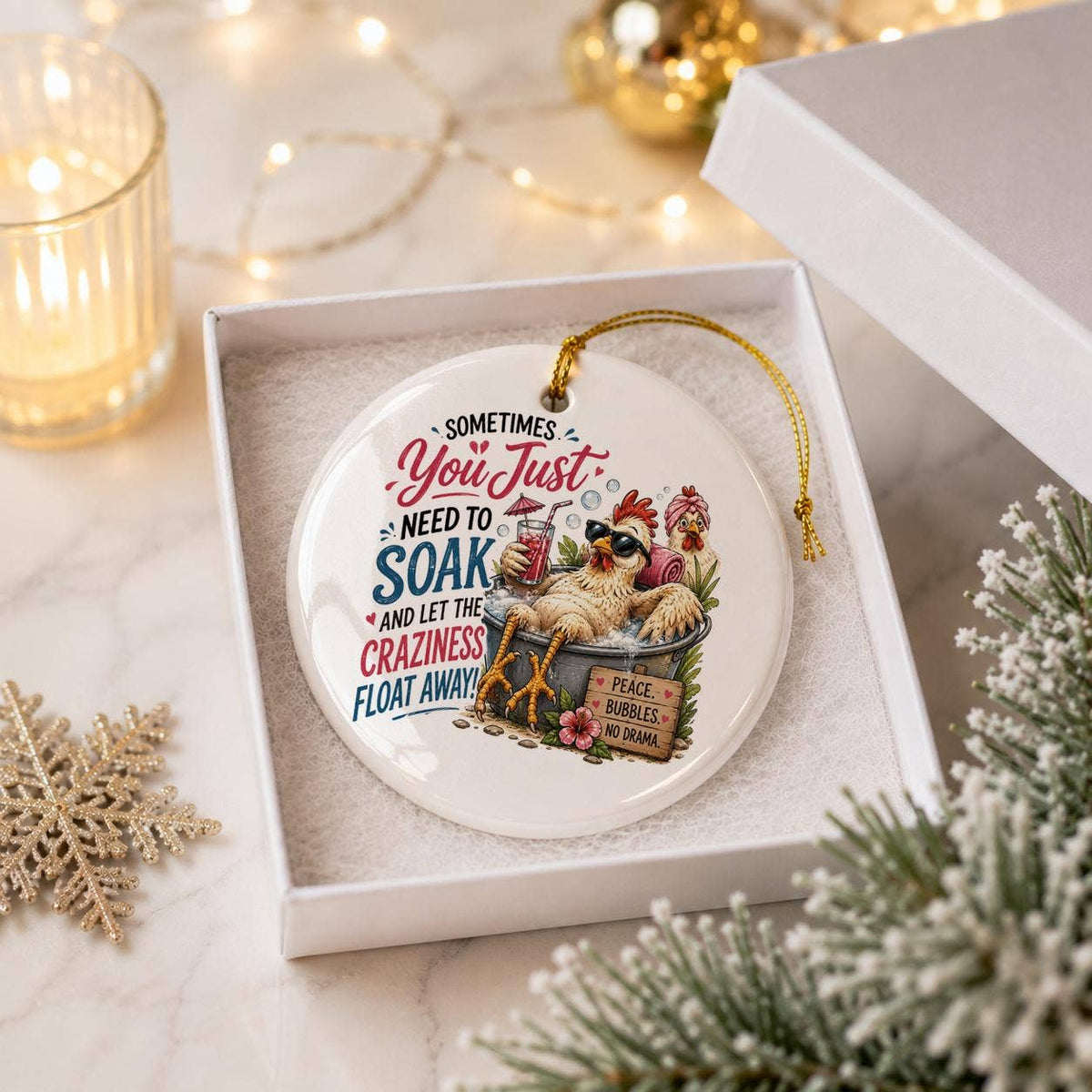 Cozy Tub Soaking Chicken Ceramic Ornament for Holiday Humor