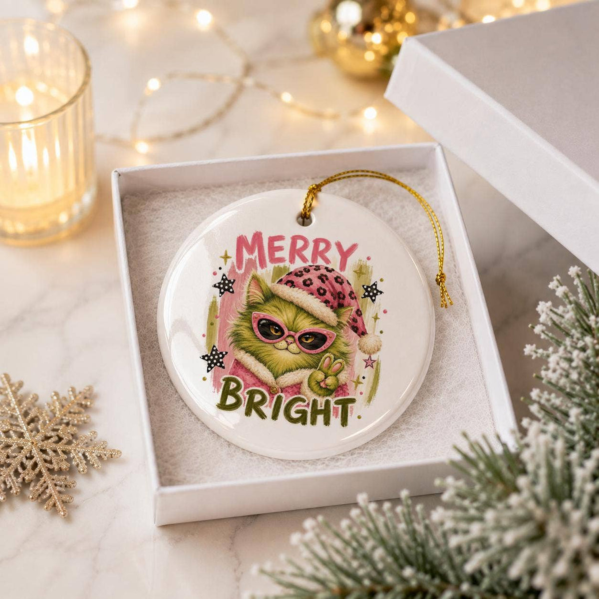 Festive Cat Ceramic Ornament with Sunglasses for Christmas