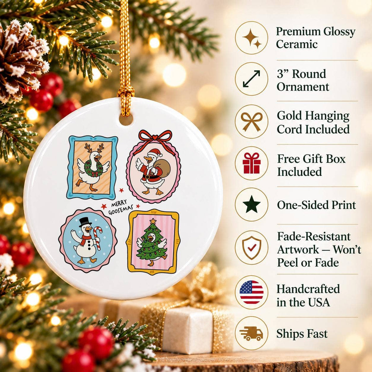 Merry Goosmas Ceramic Ornament with Goose, Santa & Tree