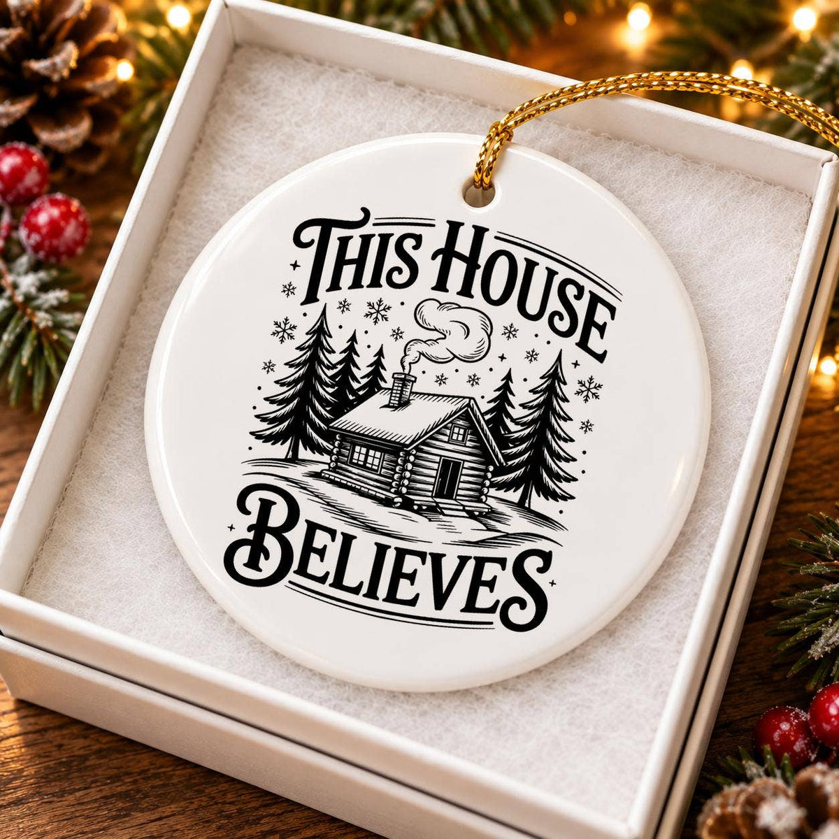 This House Believes Ceramic Ornament with Gift Box - Cabin
