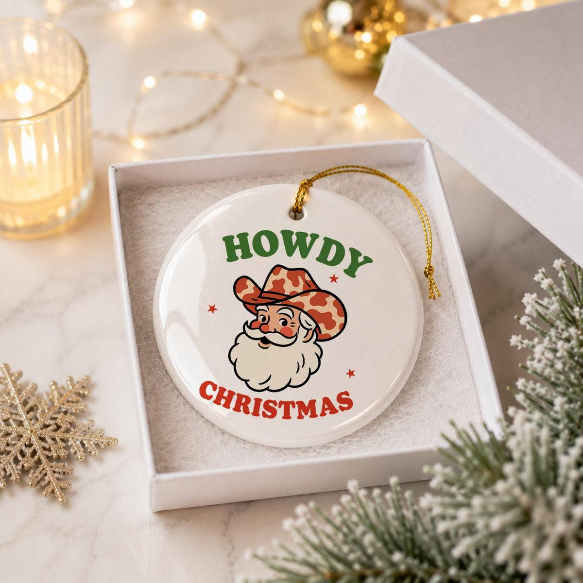 Western Cowboy Santa Ceramic Christmas Ornament Gift Boxed