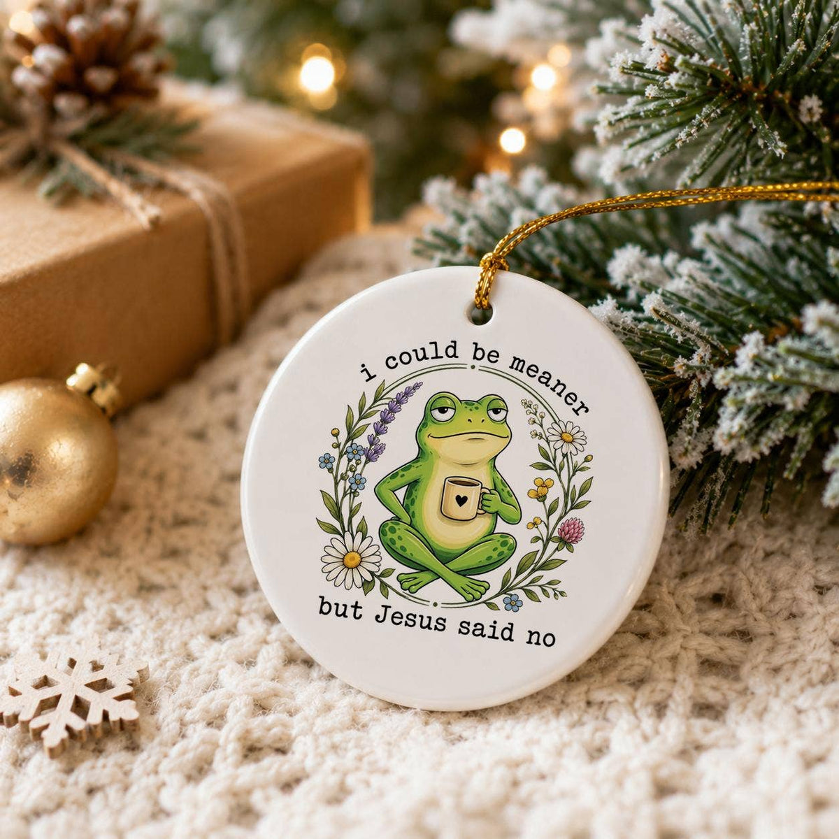 Humorous Ceramic Frog Ornament with Floral Faith Quote 2023