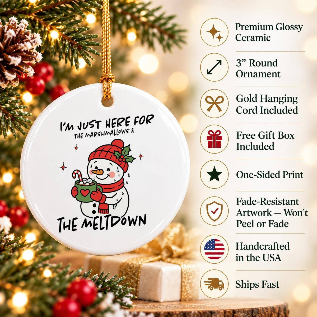 Cheerful Snowman Marshmallow Ceramic Ornament Holiday Gift