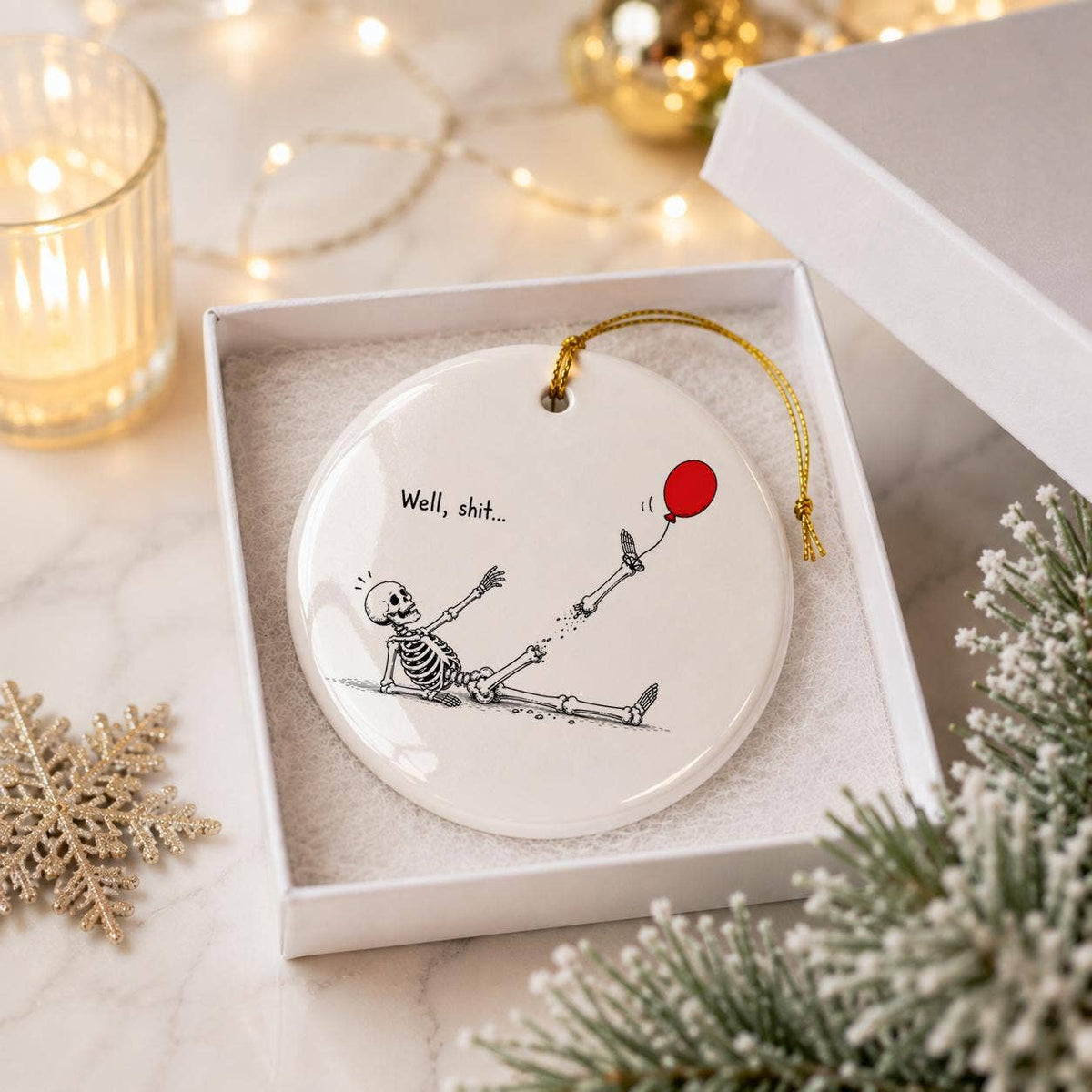 Humorous Ceramic Skeleton Ornament with Balloon in Gift Box