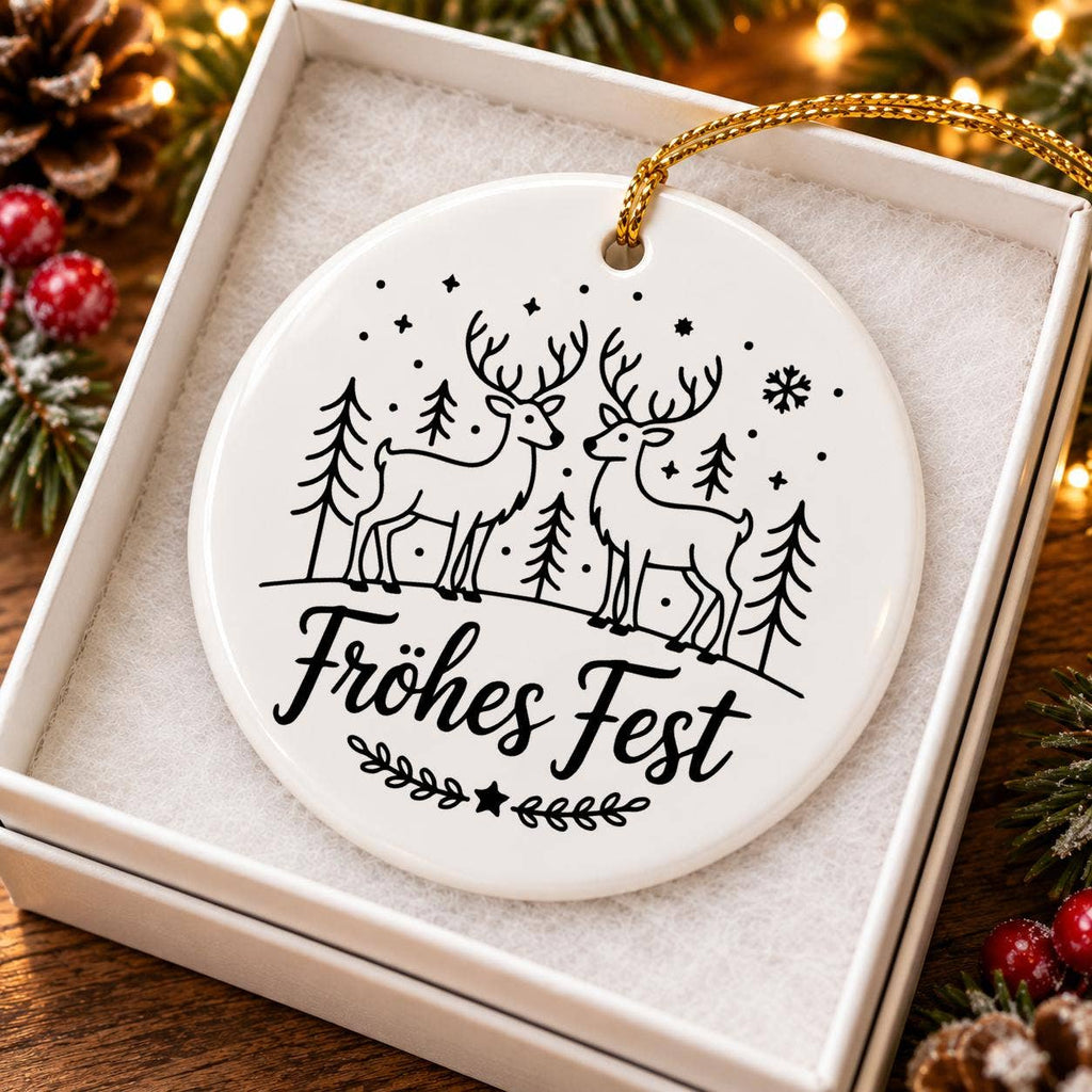 Elegant Ceramic Reindeer Ornament with Frohes Fest Sentiment