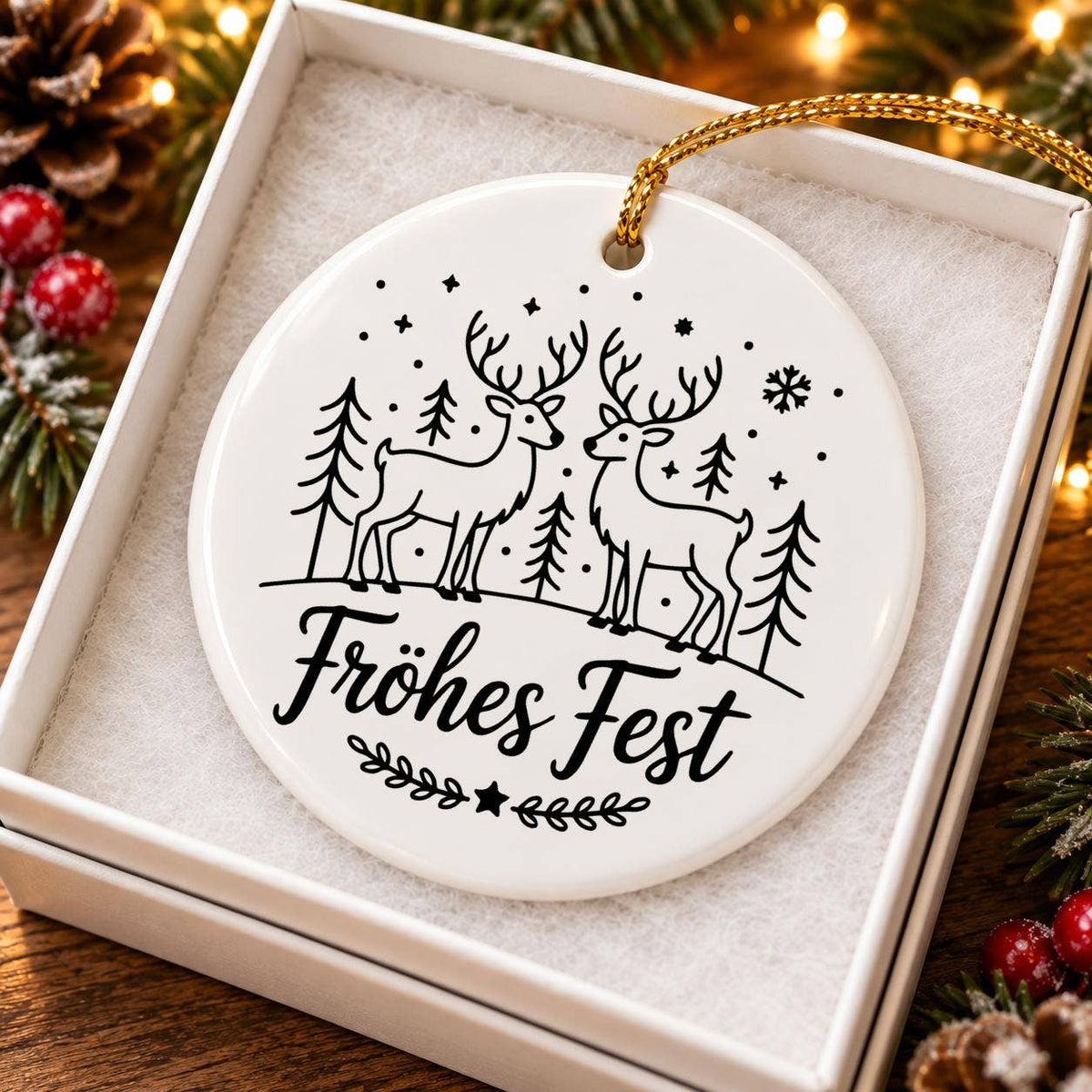 Elegant Ceramic Reindeer Ornament with Frohes Fest Sentiment