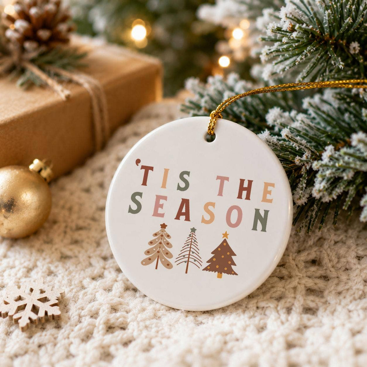 Ceramic Christmas Ornament with Tree Motifs and Gold Ribbon
