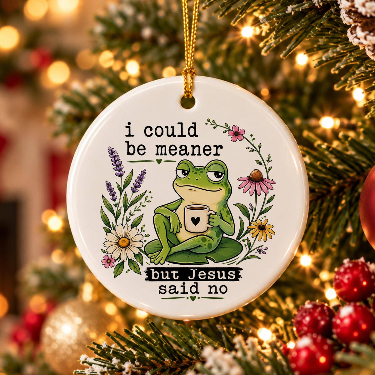 Humorous Frog with Jesus Quote Ceramic Holiday Ornament Gift