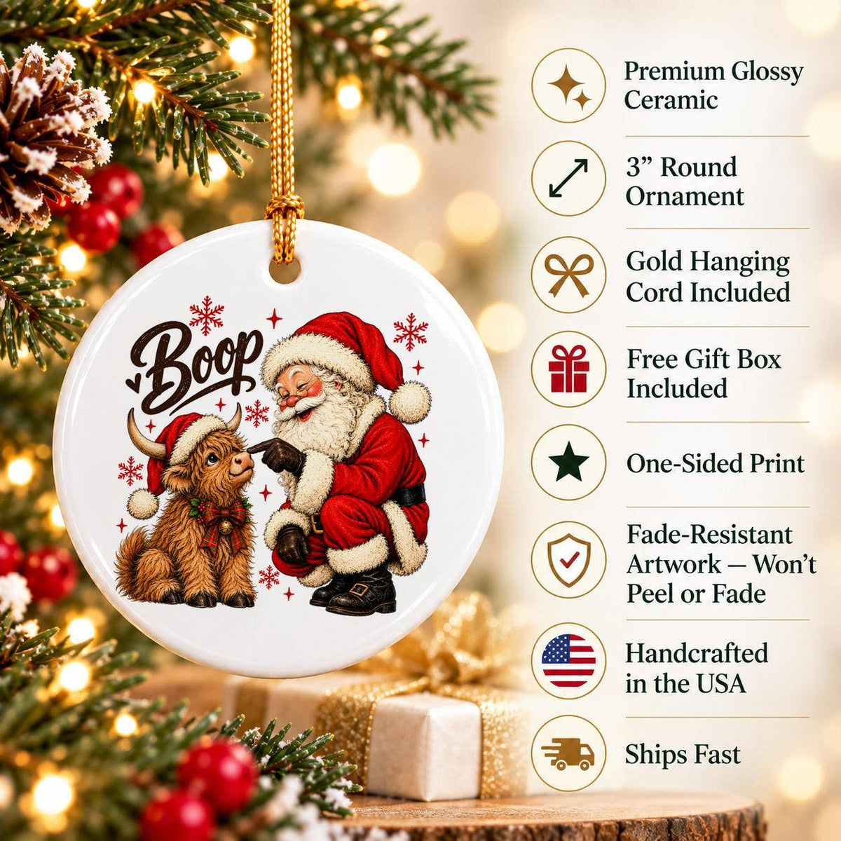 Santa Boop Ceramic Christmas Ornament with Gift Box