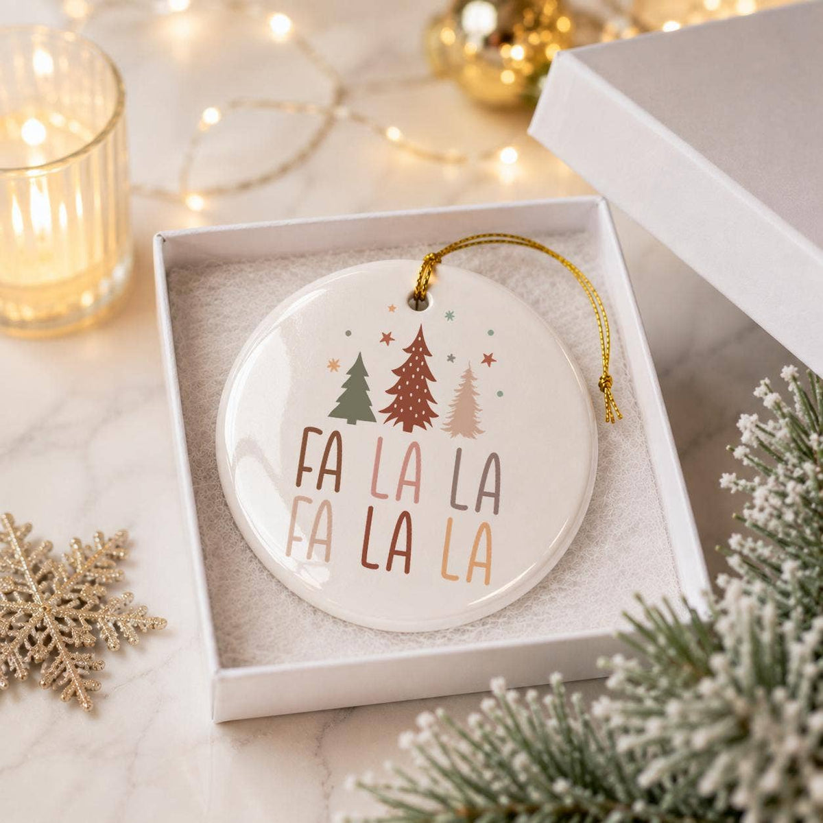 Fa La La Ceramic Ornament with Christmas Trees in Gift Box