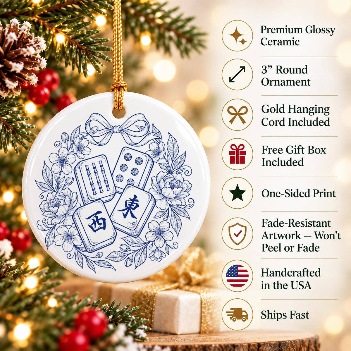 Blue Floral Mahjong Ceramic Ornament for Christmas Trees