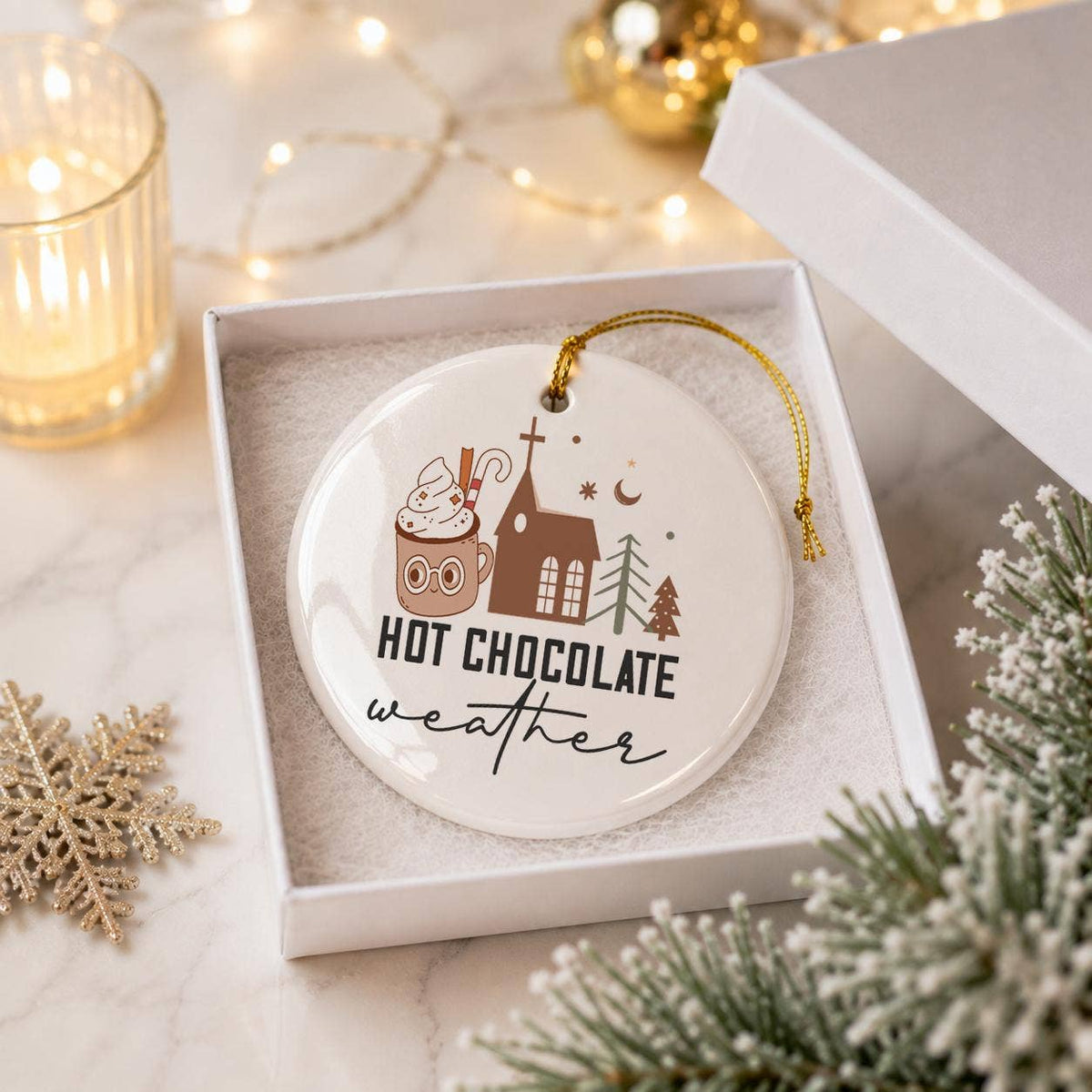 Cozy Hot Chocolate Ceramic Ornament with Christmas Motifs