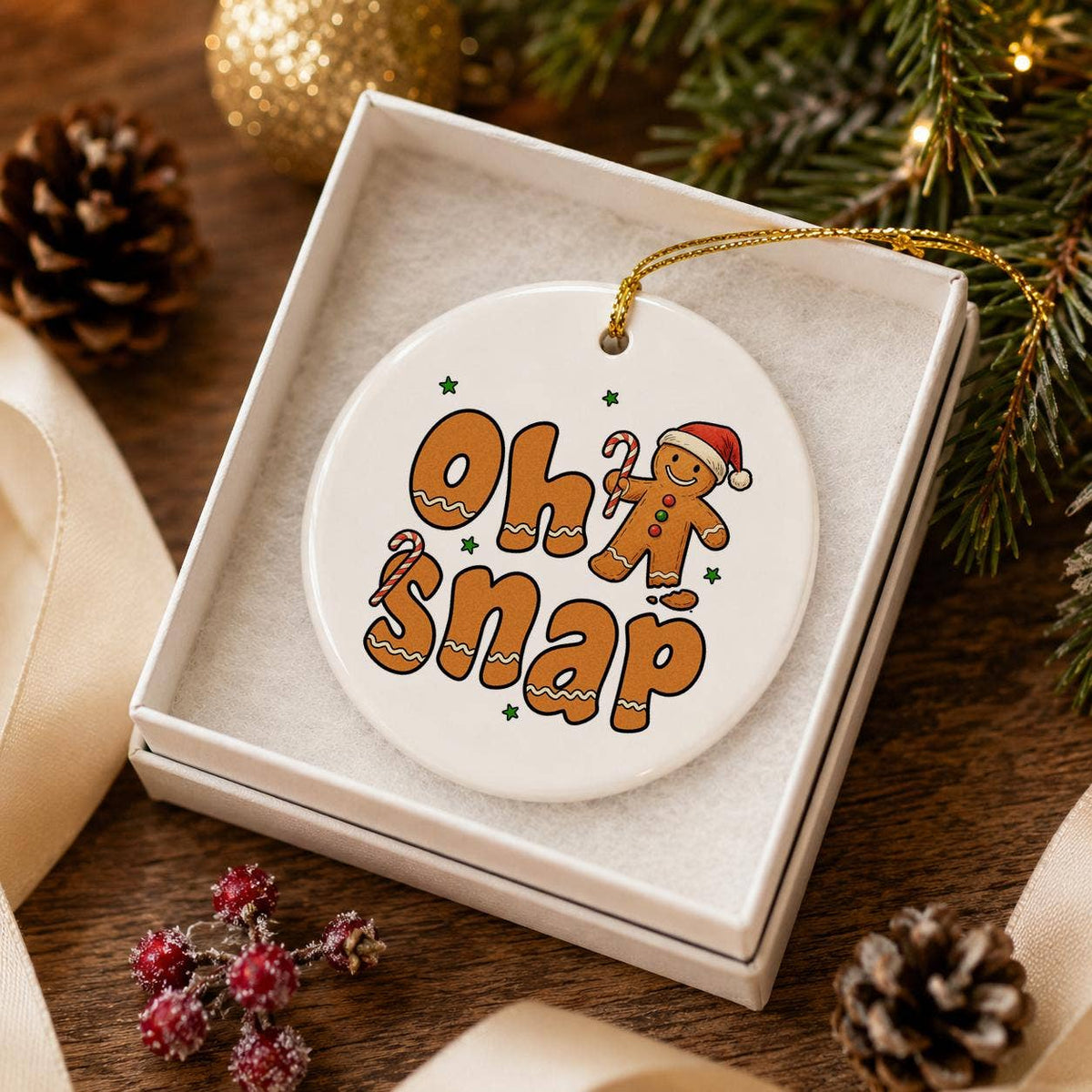 Oh Snap Gingerbread Man Ceramic Ornament with Santa Hat