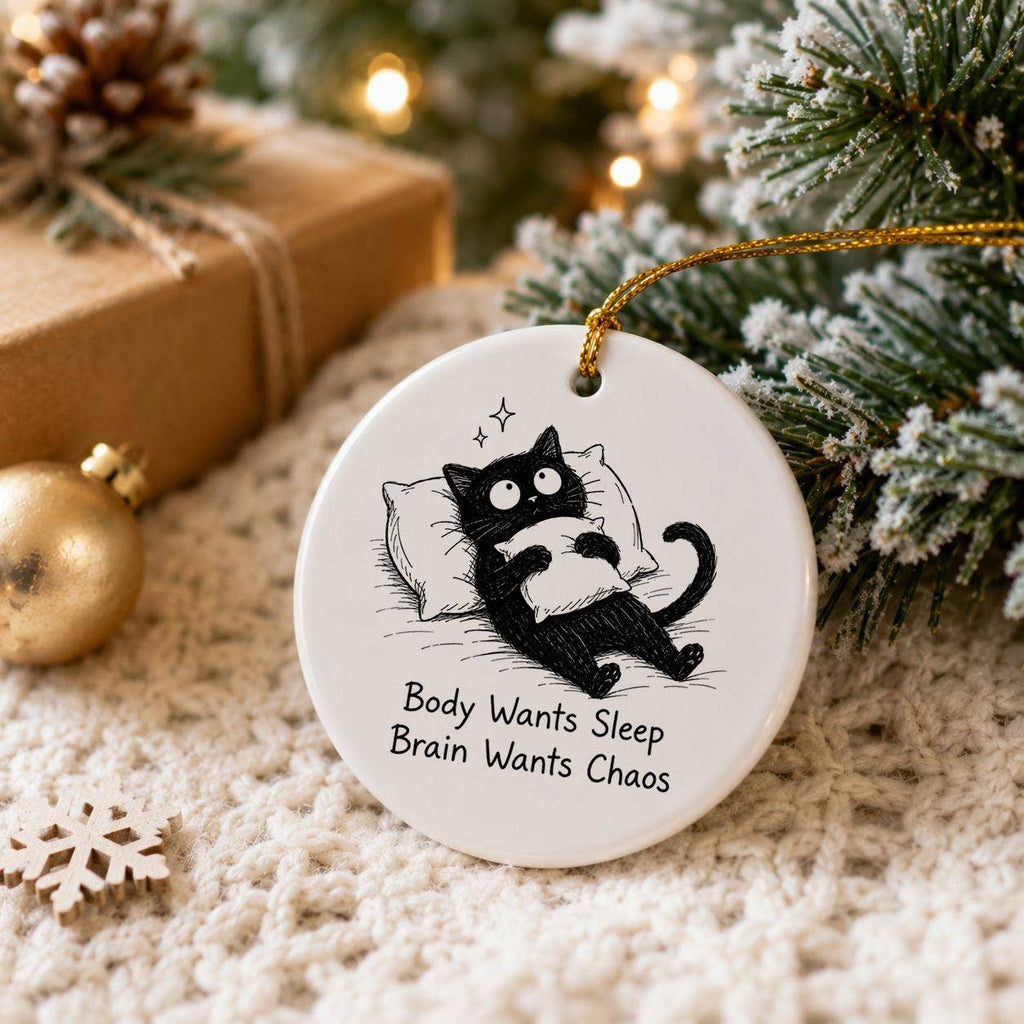 Whimsical Sleepy Cat Ceramic Holiday Ornament with Humor