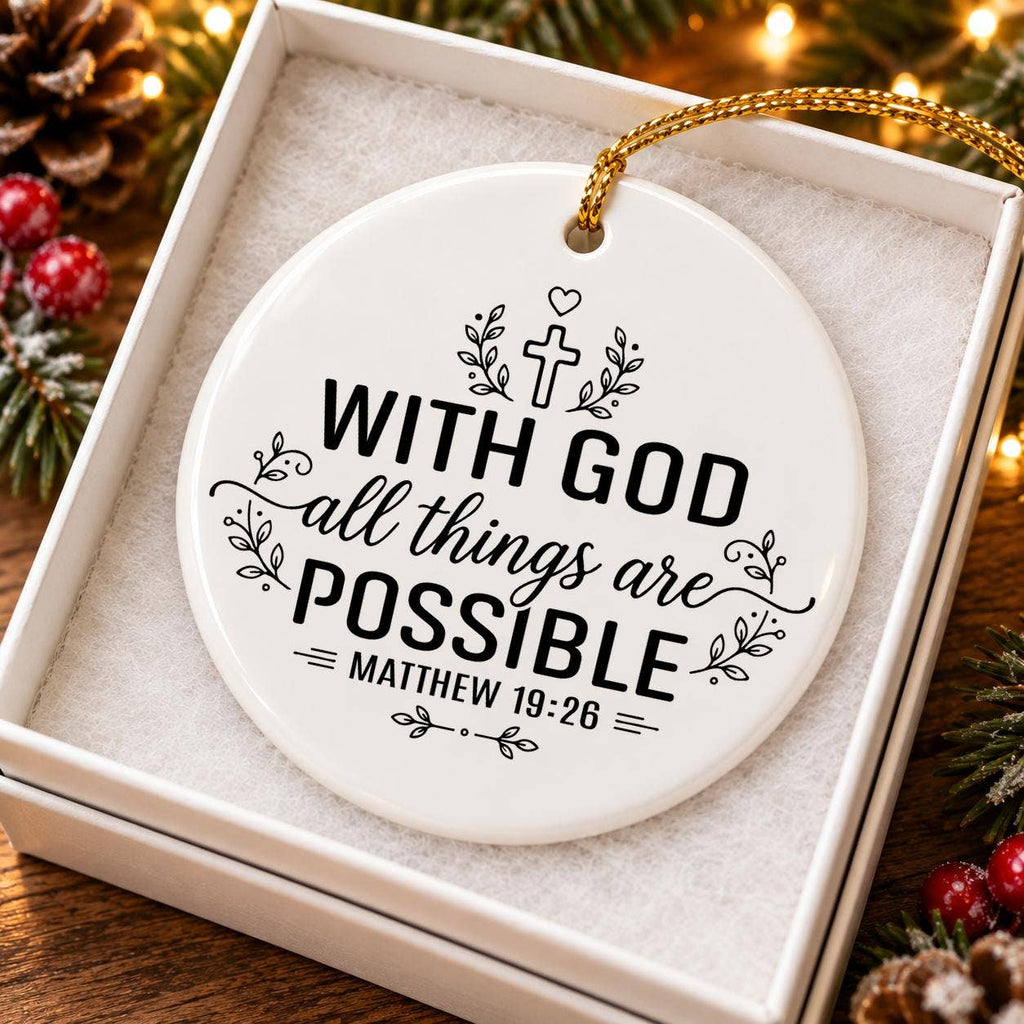 Ceramic Ornament: Cross, Laurel, "With God, All Possible