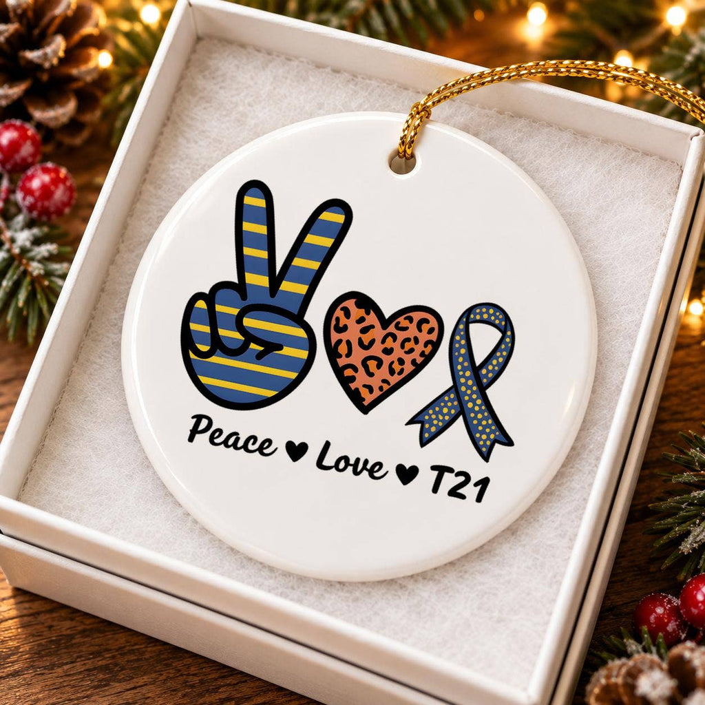 Peace Love Trisomy 21 Ceramic Ornament with Gift Box
