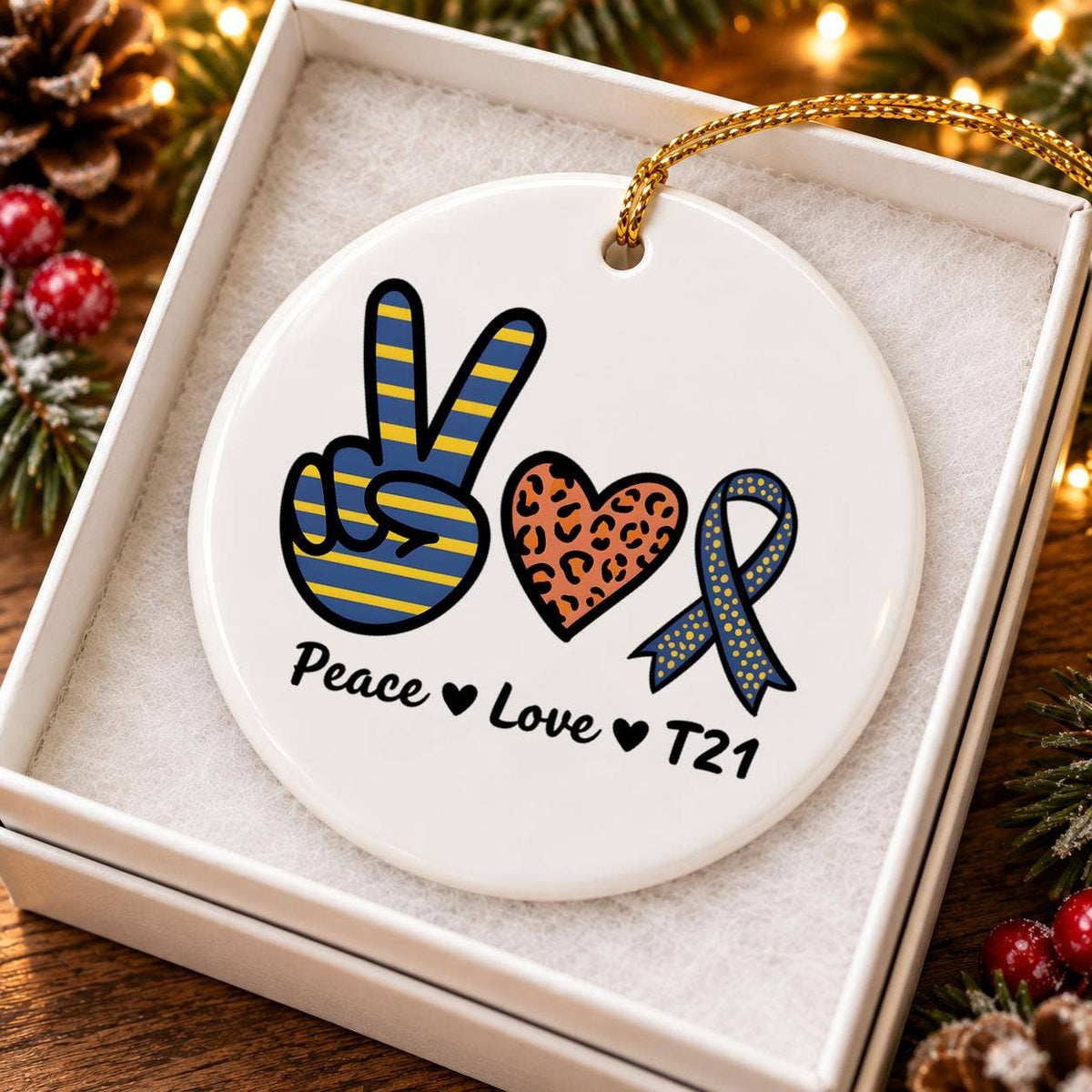 Peace Love Trisomy 21 Ceramic Ornament with Gift Box