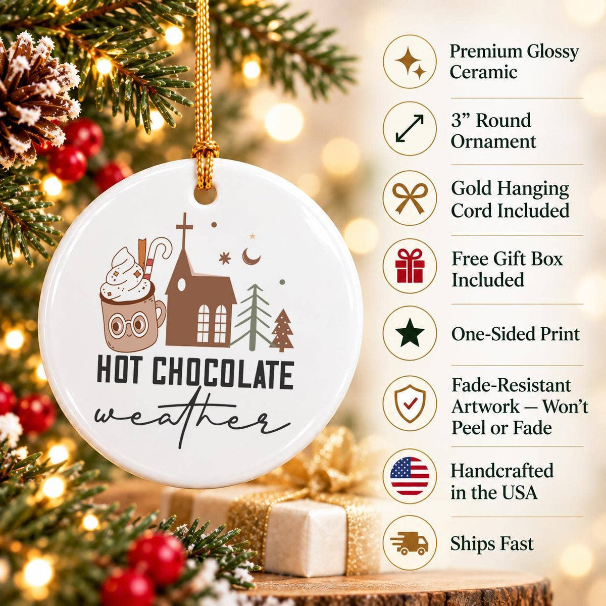 Cozy Hot Chocolate Ceramic Ornament with Christmas Motifs