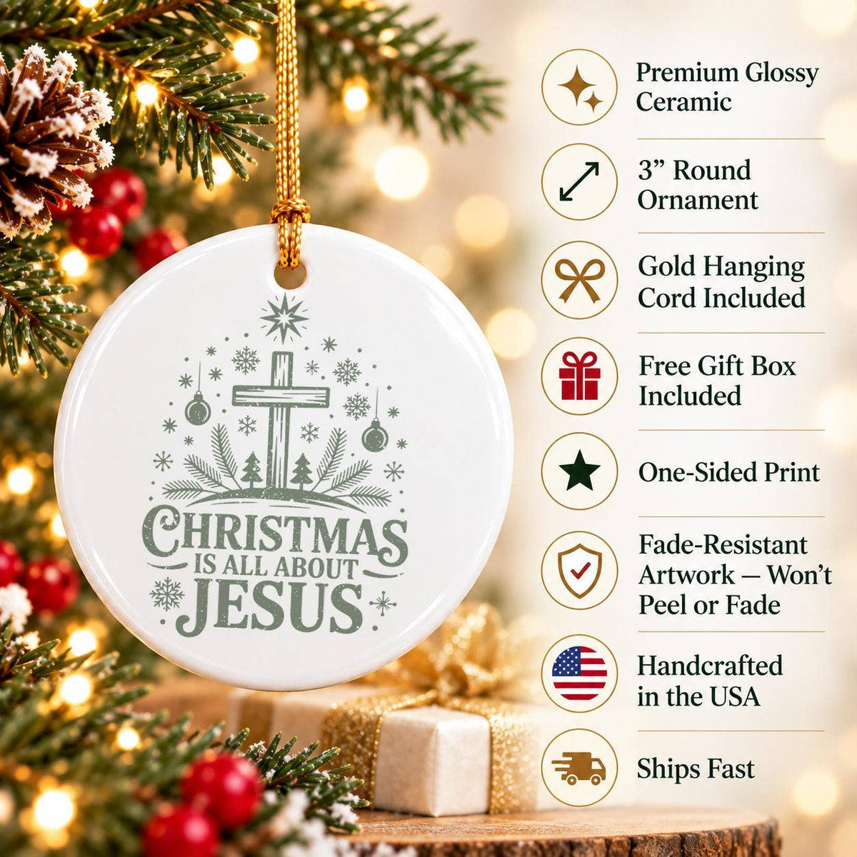 Elegant Green Ceramic Ornament with Cross, Snowflakes, Trees