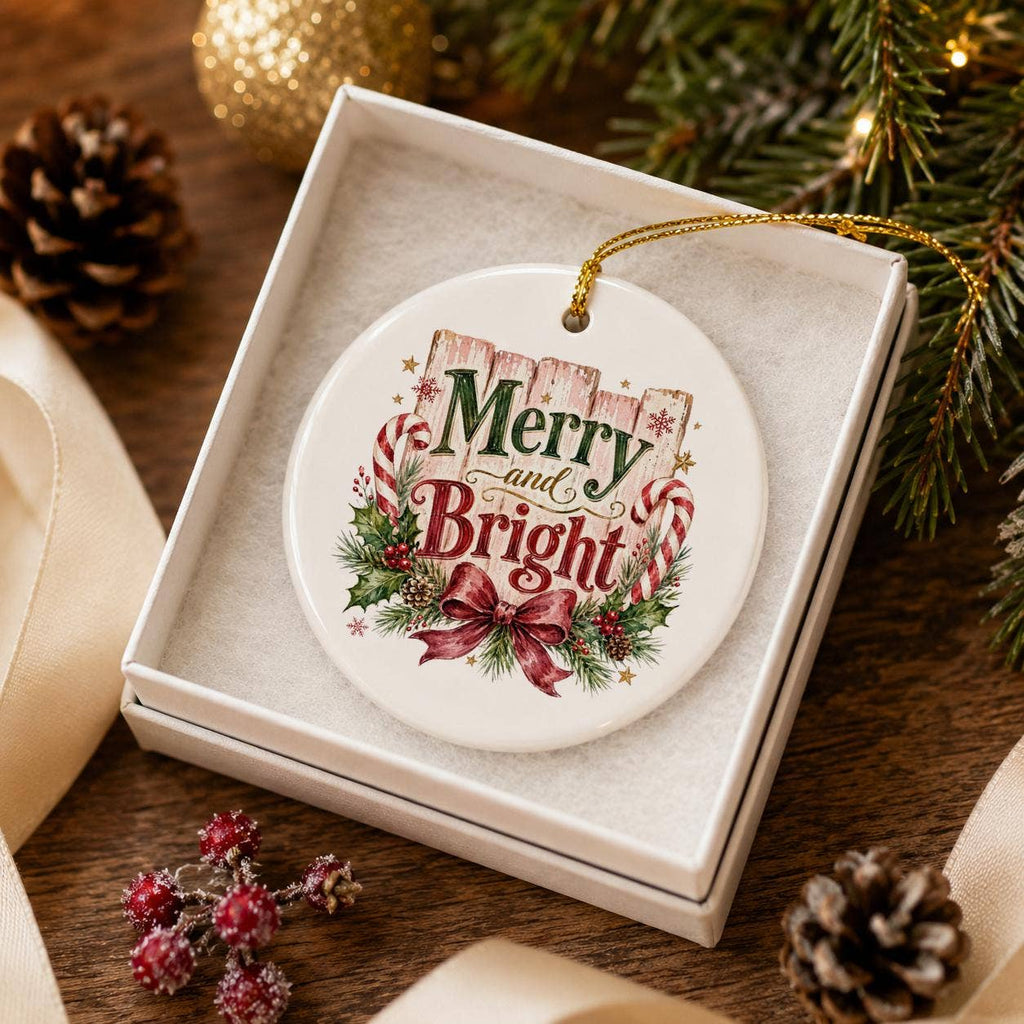Merry & Bright Ceramic Ornament with Candy Canes & Holly