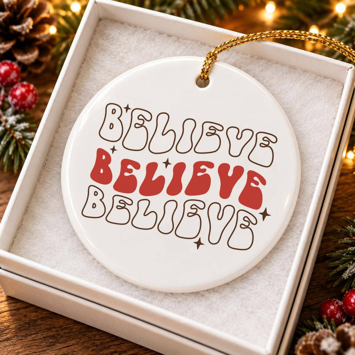 Believe Christmas Ceramic Ornament with Gift Box & Ribbon