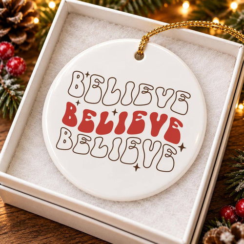 Believe Christmas Ceramic Ornament with Gift Box & Ribbon