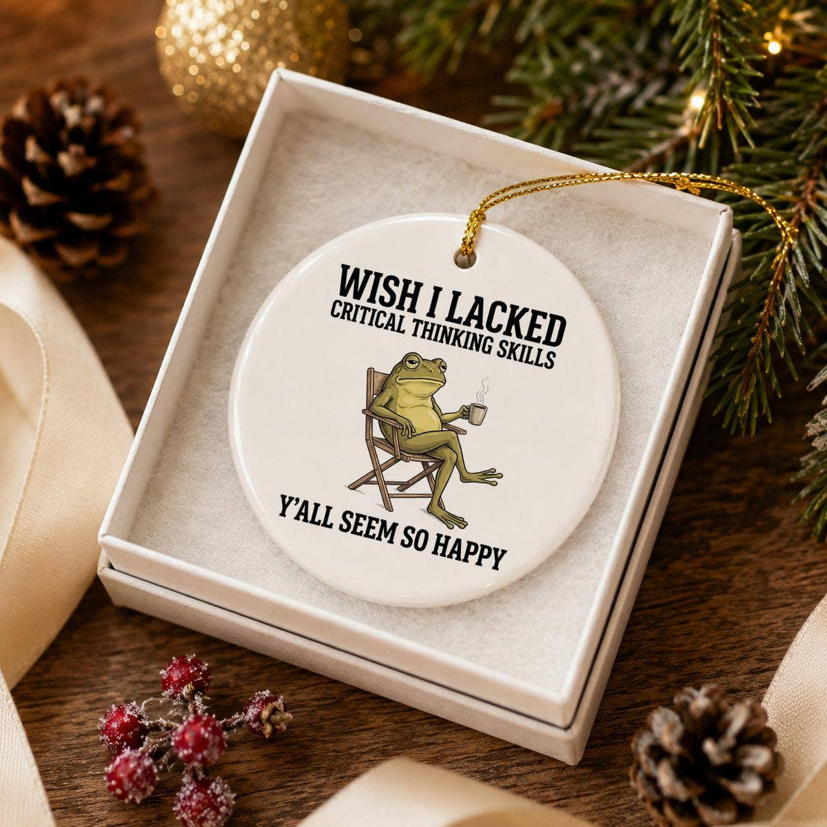Whimsical Ceramic Frog Christmas Ornament with Gift Box