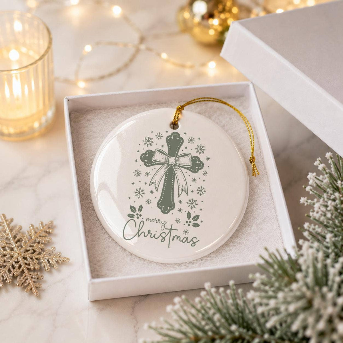 Elegant Ceramic Cross Ornament with Merry Christmas Message