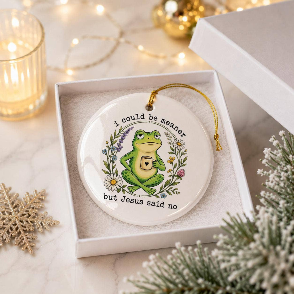 Humorous Ceramic Frog Ornament with Floral Faith Quote 2023