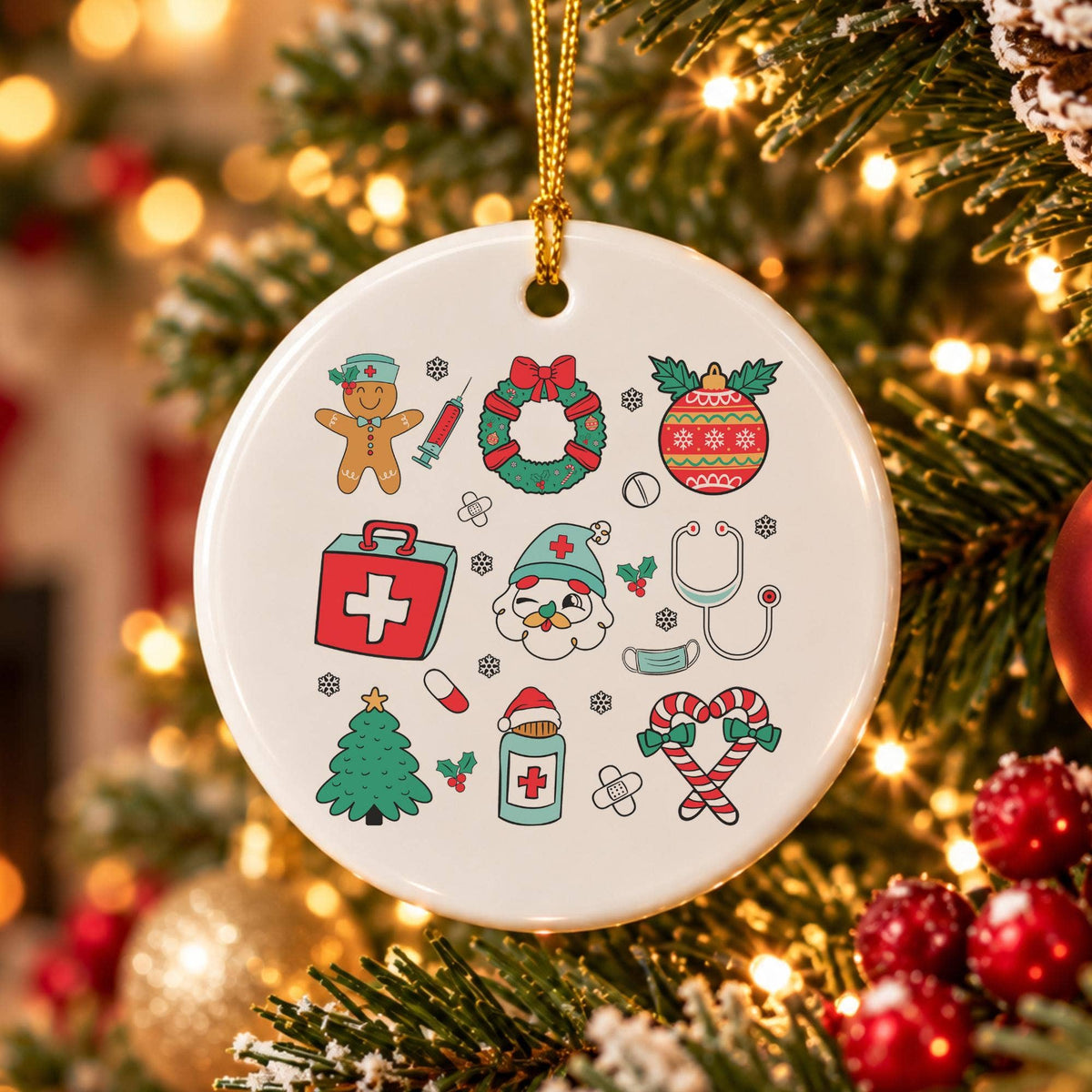 Gingerbread Nurse Ceramic Ornament with Gold Ribbon Gift Set