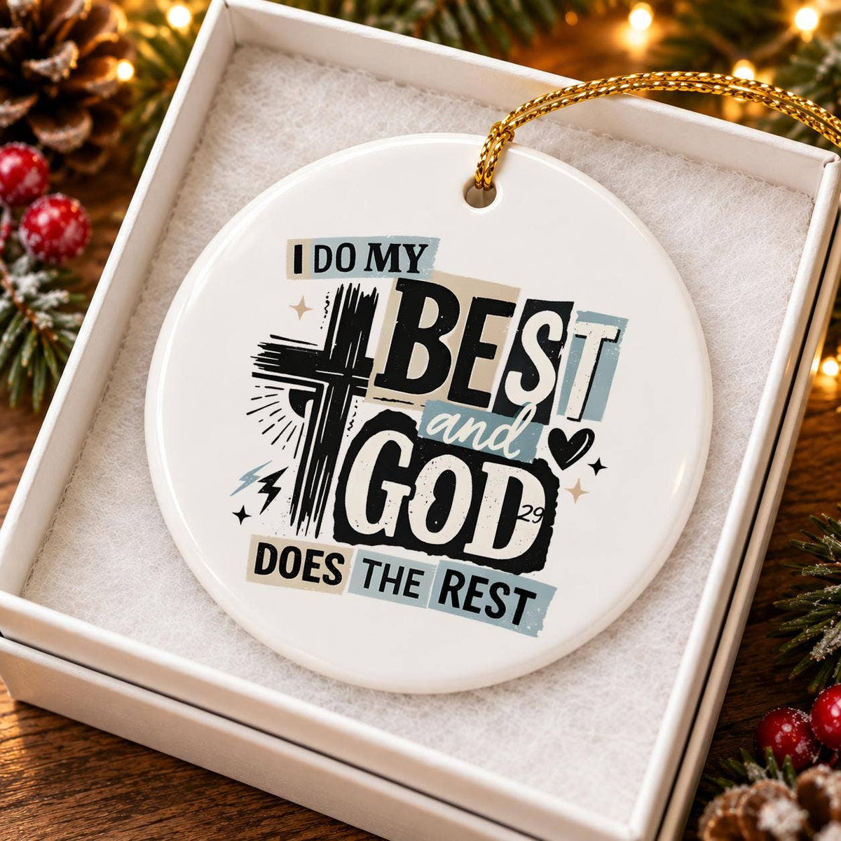 Religious Ceramic Ornament with Cross and Motivational Text