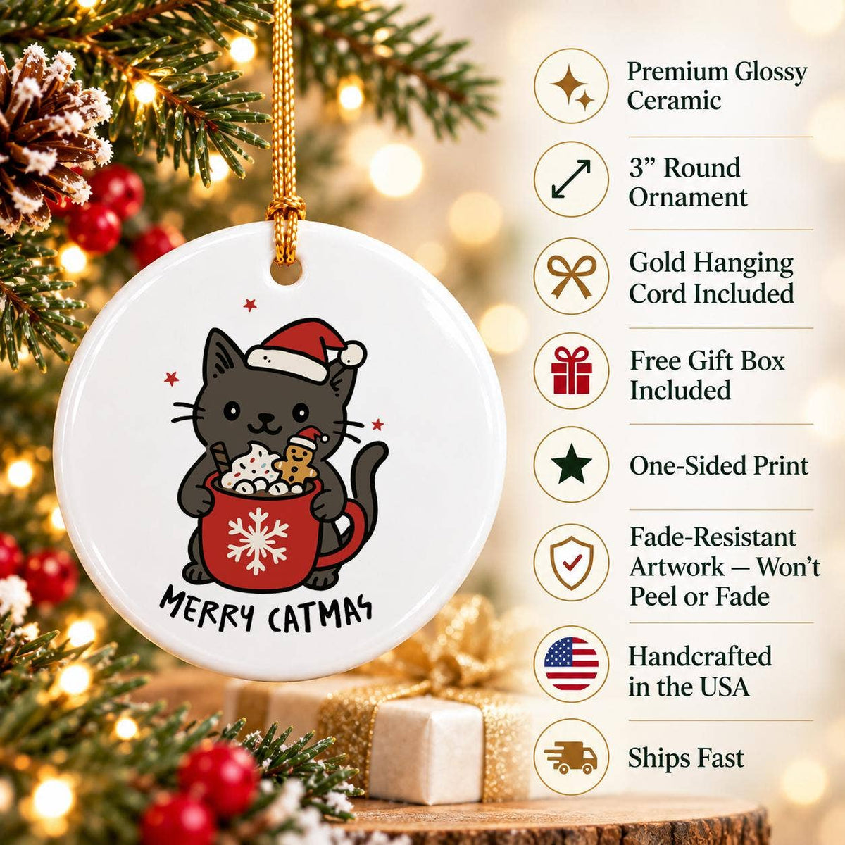 Black Cat Santa Hat Ceramic Christmas Ornament Gift Box