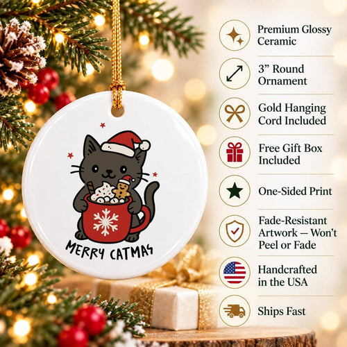 Black Cat Santa Hat Ceramic Christmas Ornament Gift Box