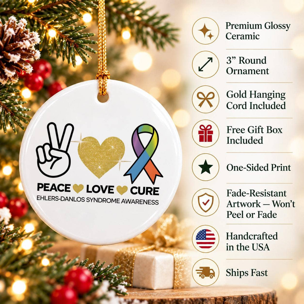 Peace Love Cure Ehlers-Danlos Syndrome Awareness Ornament