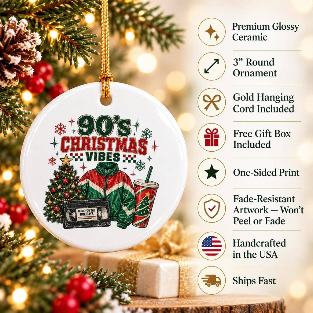 90s Christmas Vibes Ceramic Ornament with Gift Box