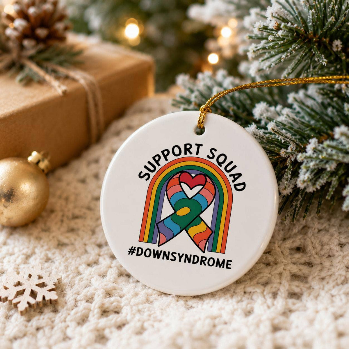 Colorful Down Syndrome Support Ribbon Heart Ceramic Ornament
