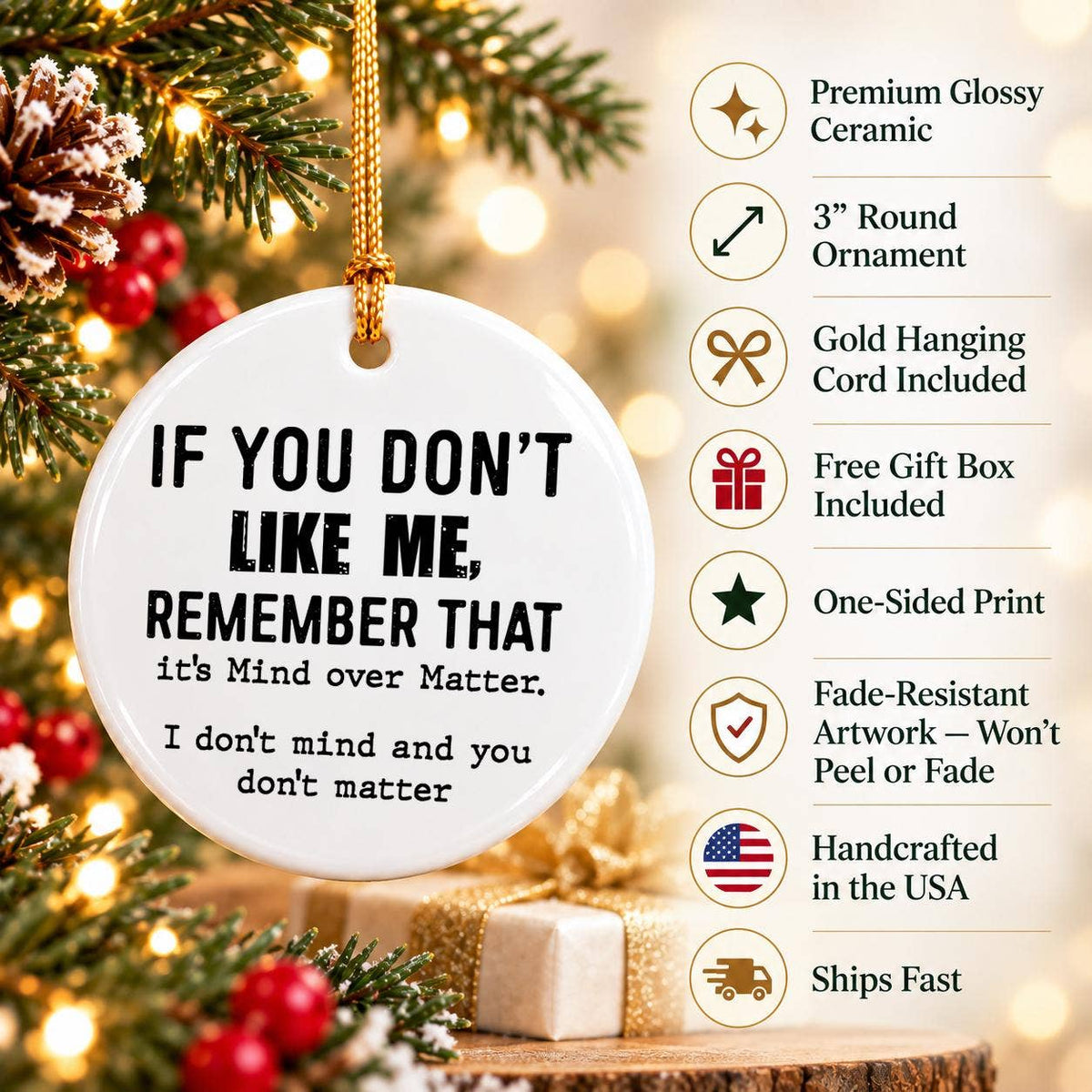 Cheeky 'Mind Over Matter' White Ceramic Holiday Ornament