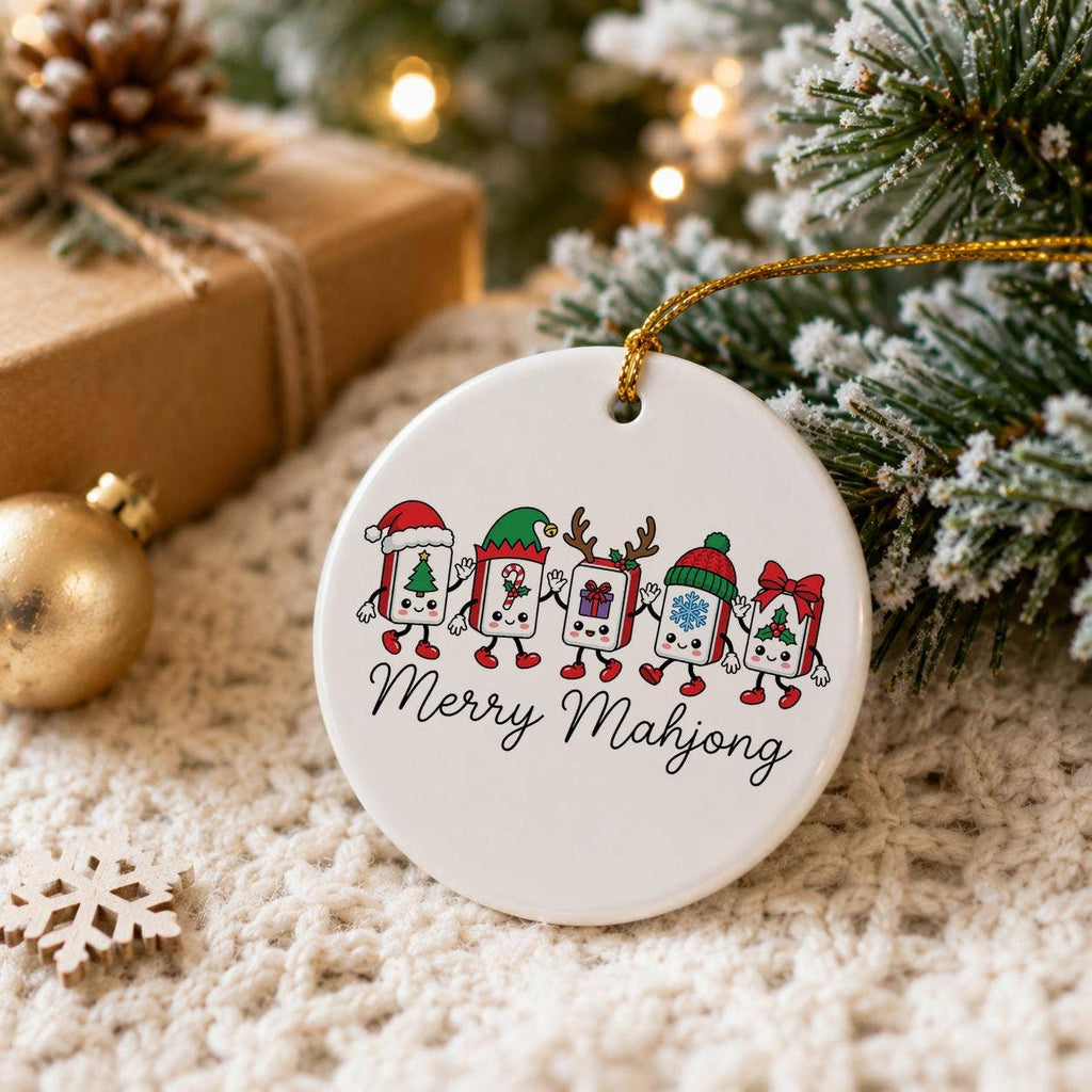 Festive Ceramic Ornament: Smiling Mahjong Tiles Xmas Decor