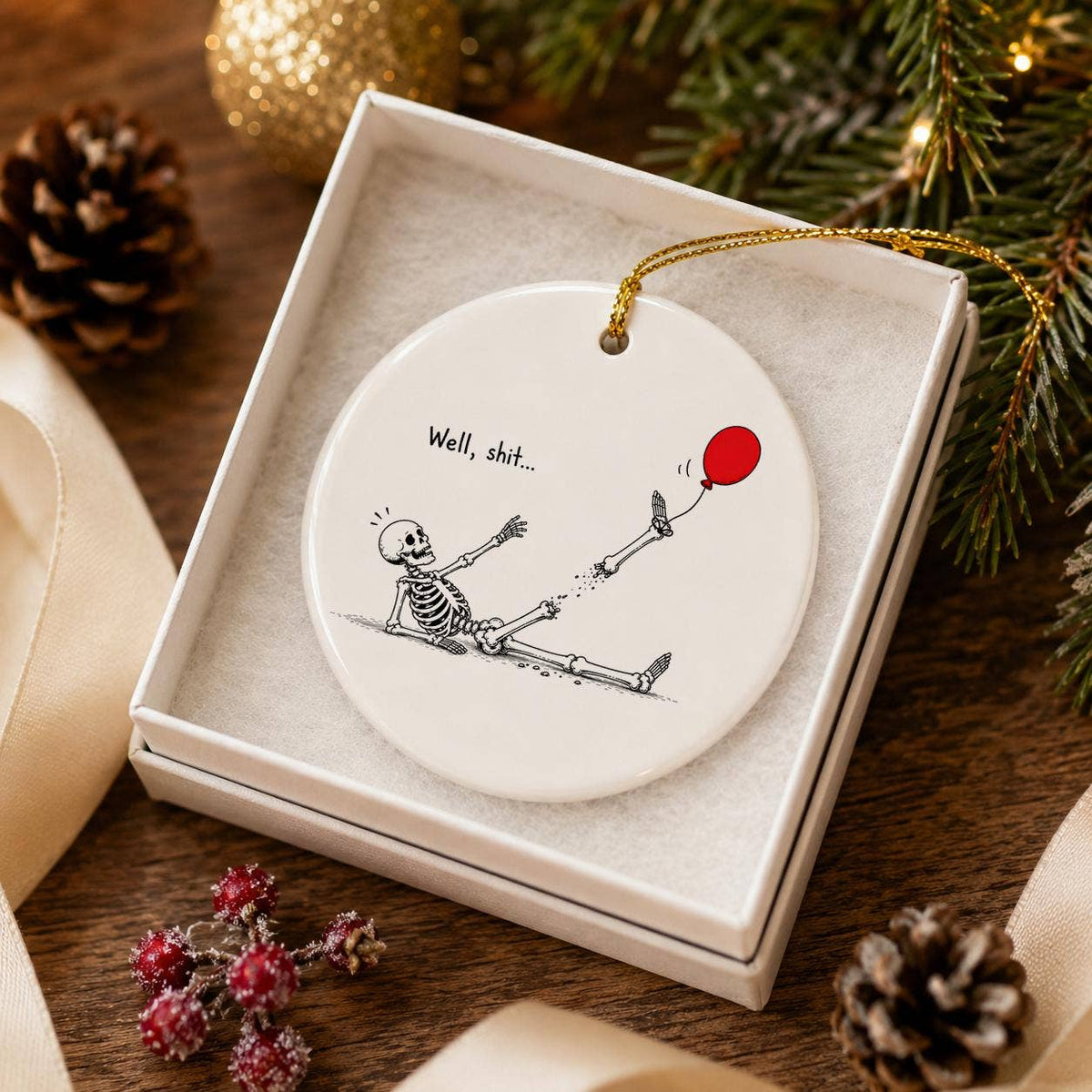 Humorous Ceramic Skeleton Ornament with Balloon in Gift Box