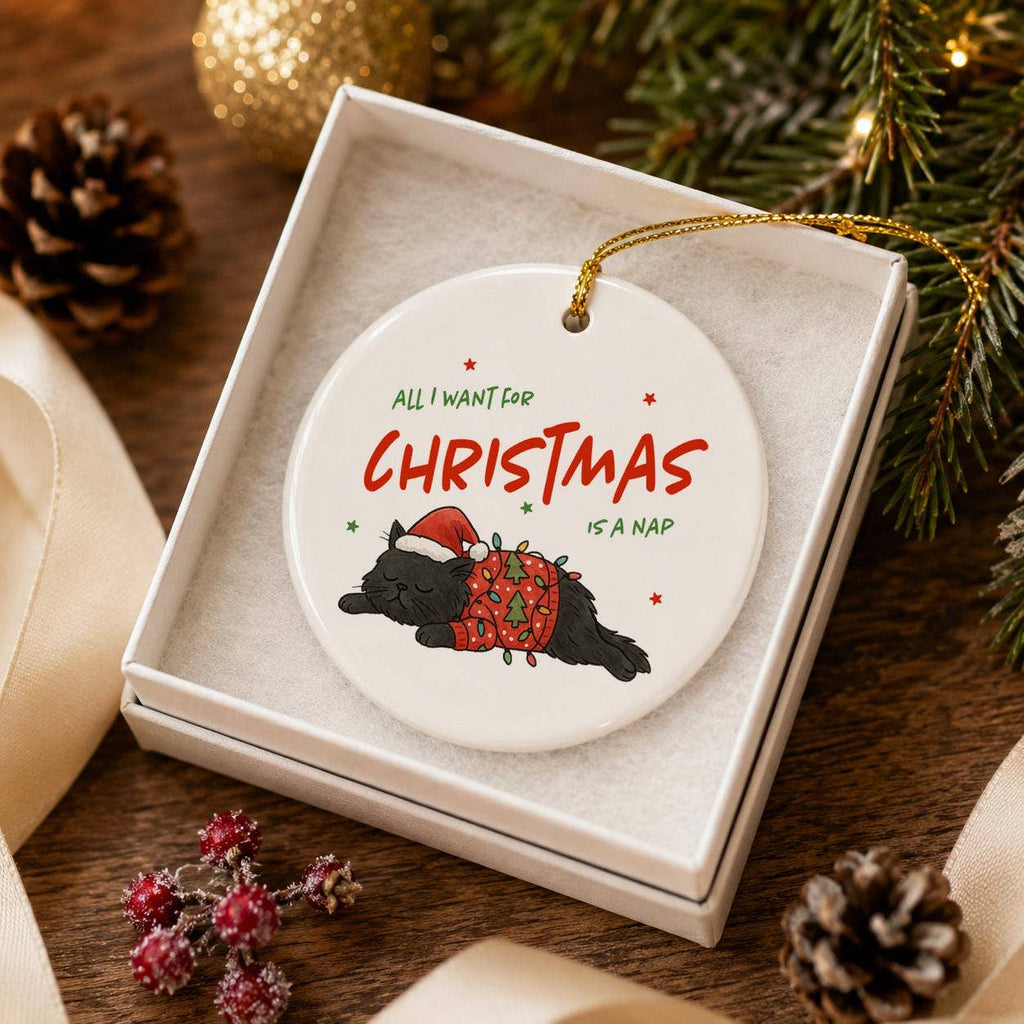 Cozy Black Cat Christmas Ornament in Gift Box with Ribbon