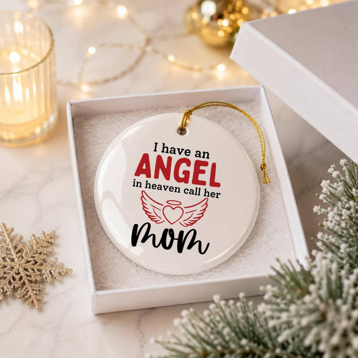 Mom Memorial Angel Ornament - Ceramic Winged Heart Tribute