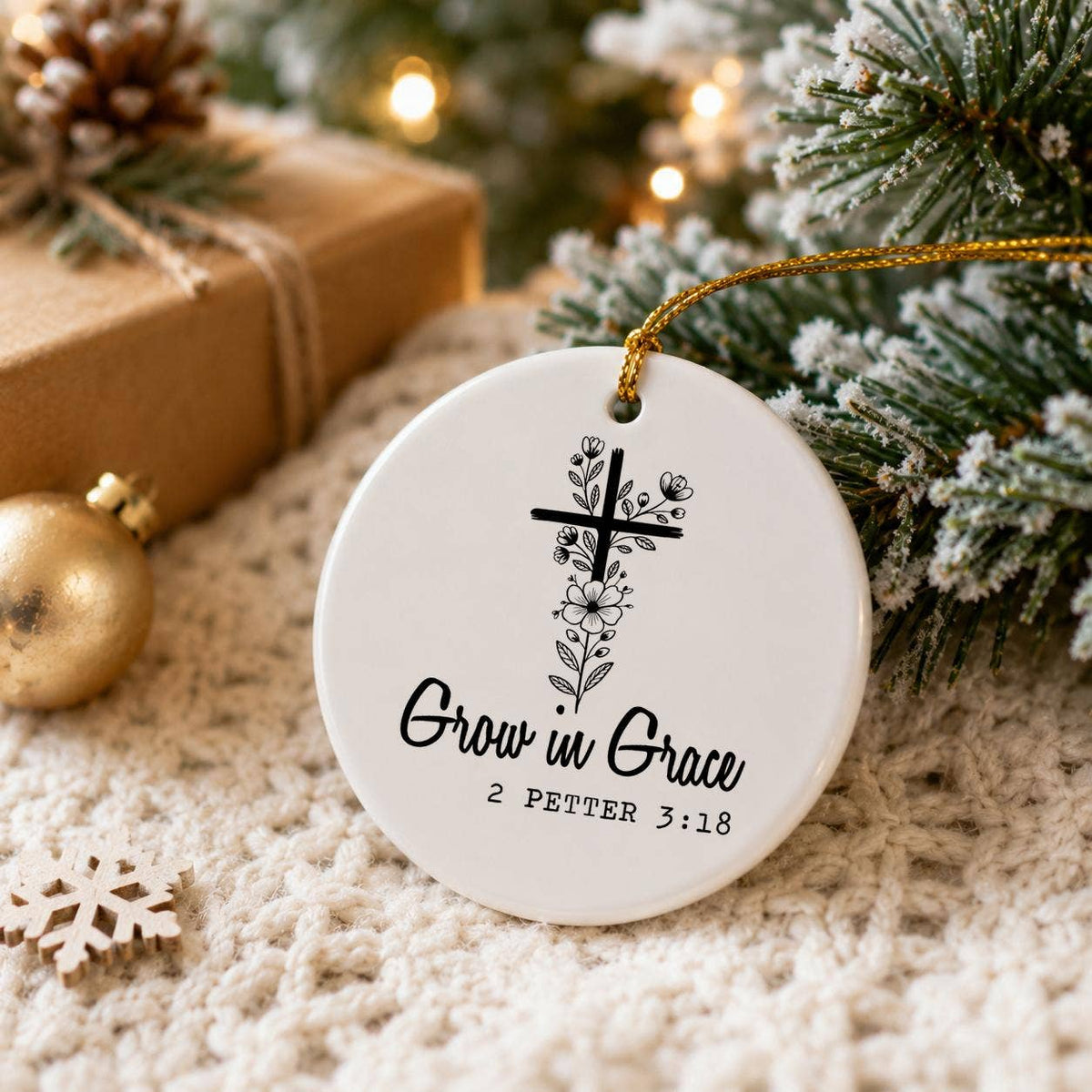 Faith & Floral Ceramic Ornament: Grow in Grace Holiday Gift