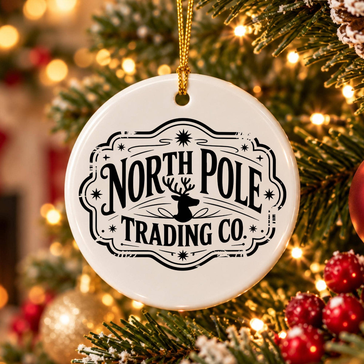North Pole Ceramic Reindeer Ornament with Festive Typography