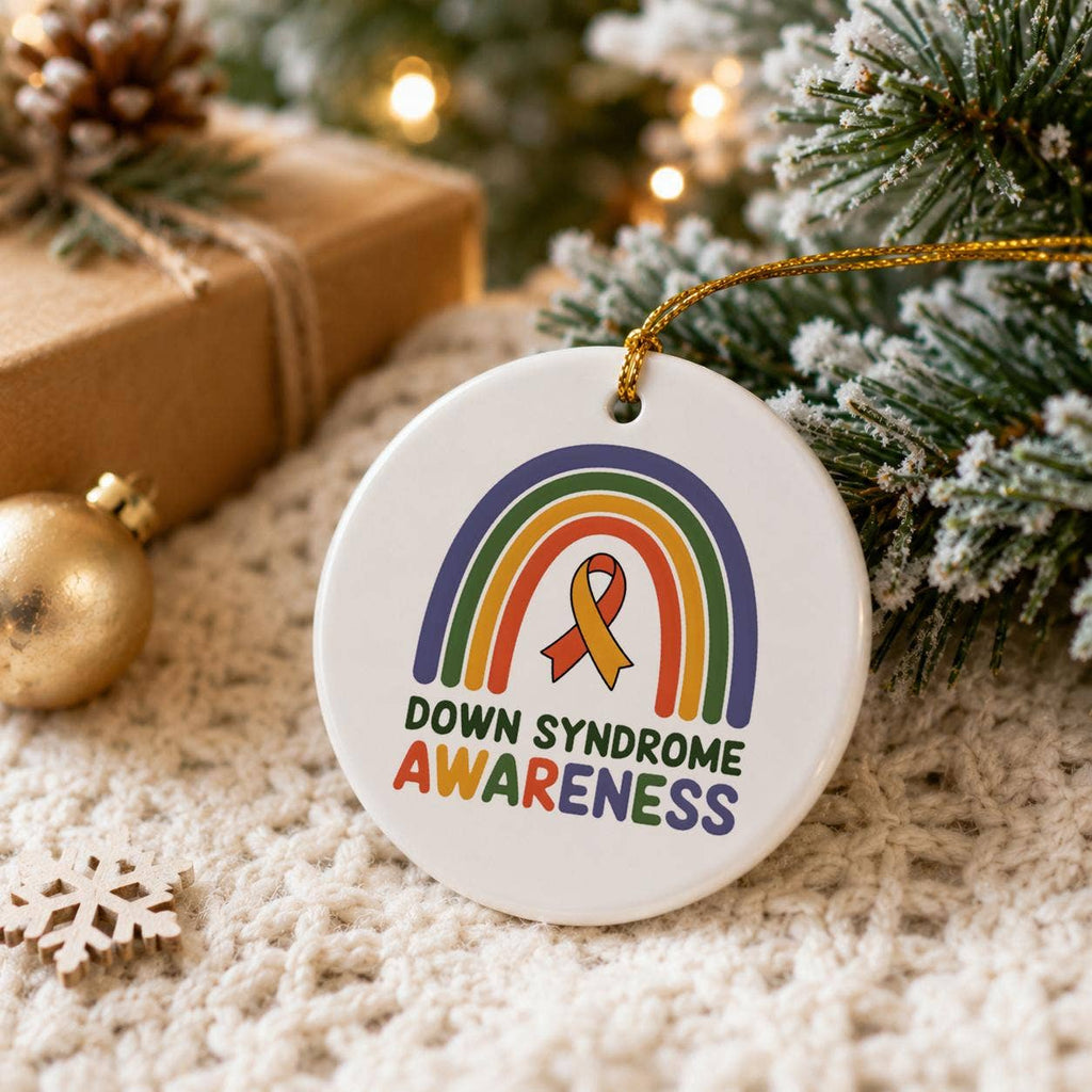Down Syndrome Awareness Ceramic Ornament - Rainbow & Ribbon
