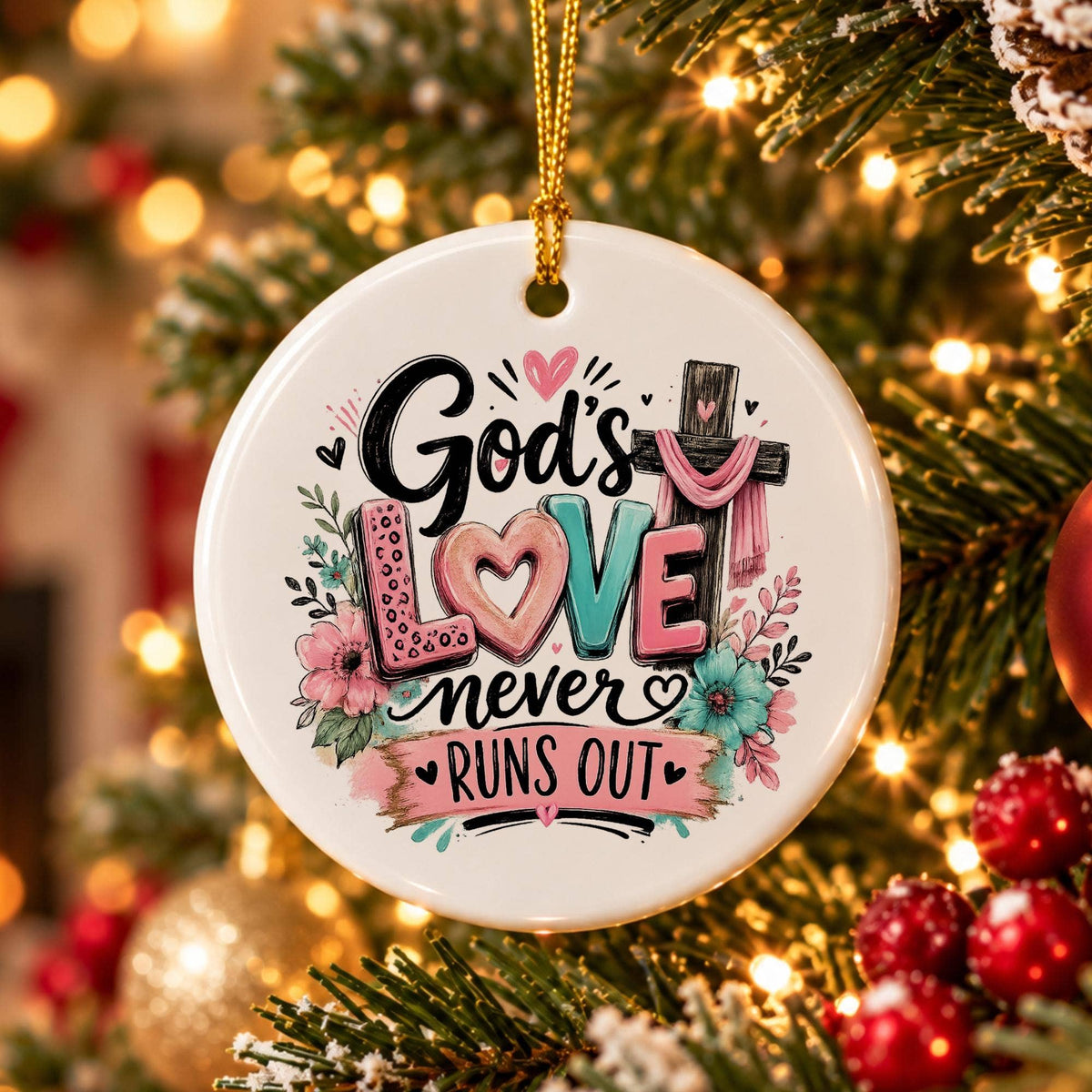 Faith & Love Floral Ceramic Ornament With Cross in Gift Box