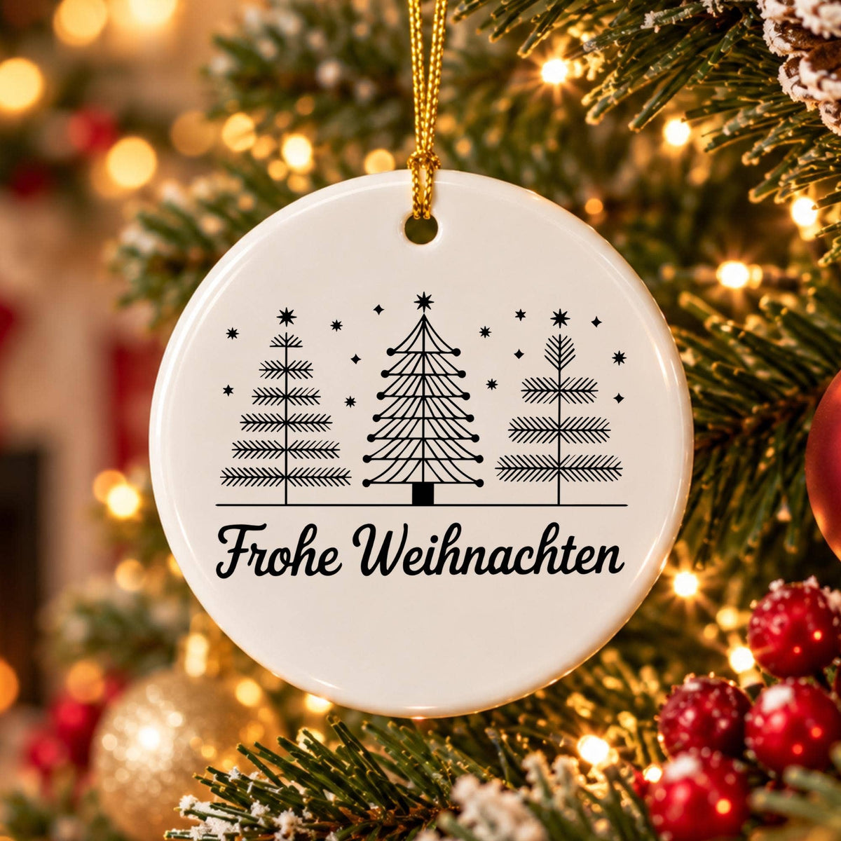 Frohe Weihnachten Ceramic Ornament with Trees & Star Accents