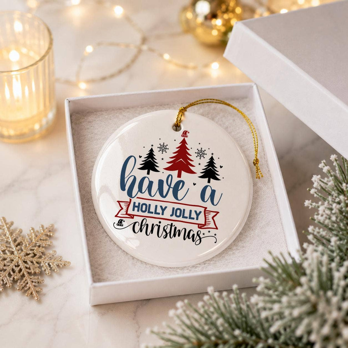 Holly Jolly Christmas Ceramic Ornament with Gift Box