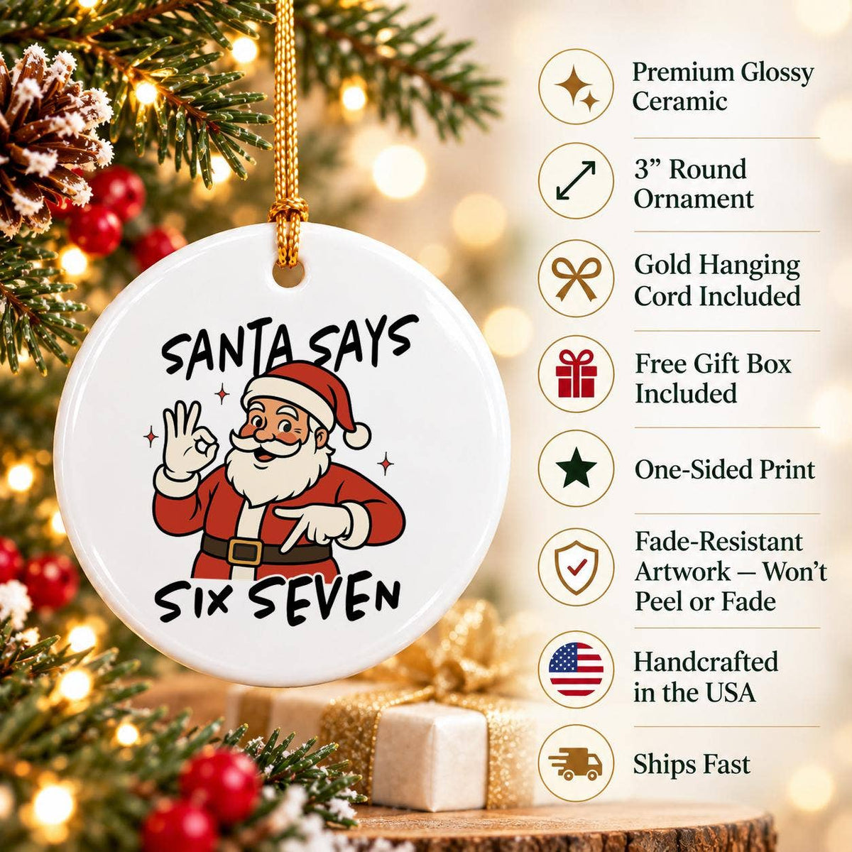 Humorous Santa Claus Hand Gesture Ceramic Christmas Ornament