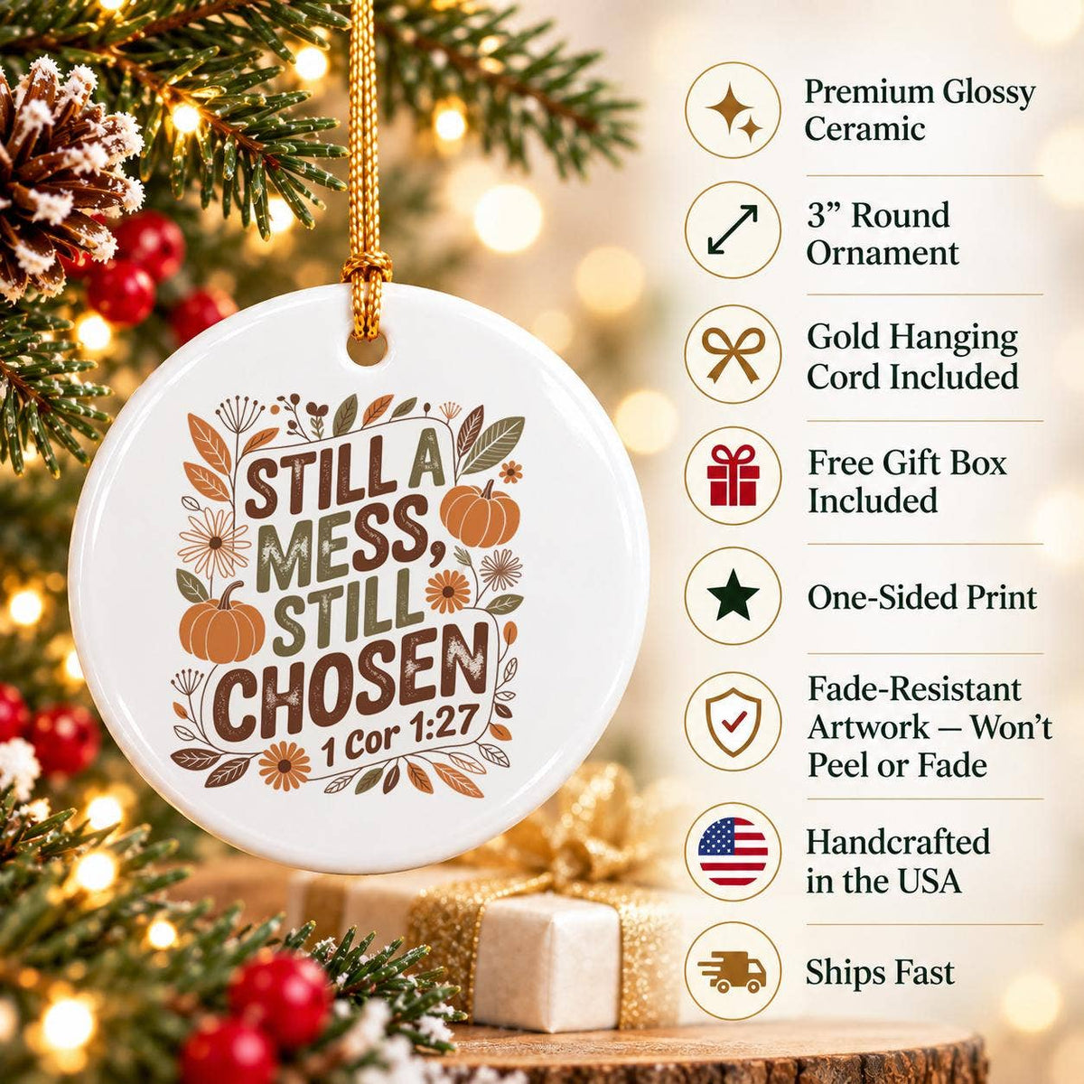 Autumn Faith Quote Ceramic Ornament with Pumpkin Design